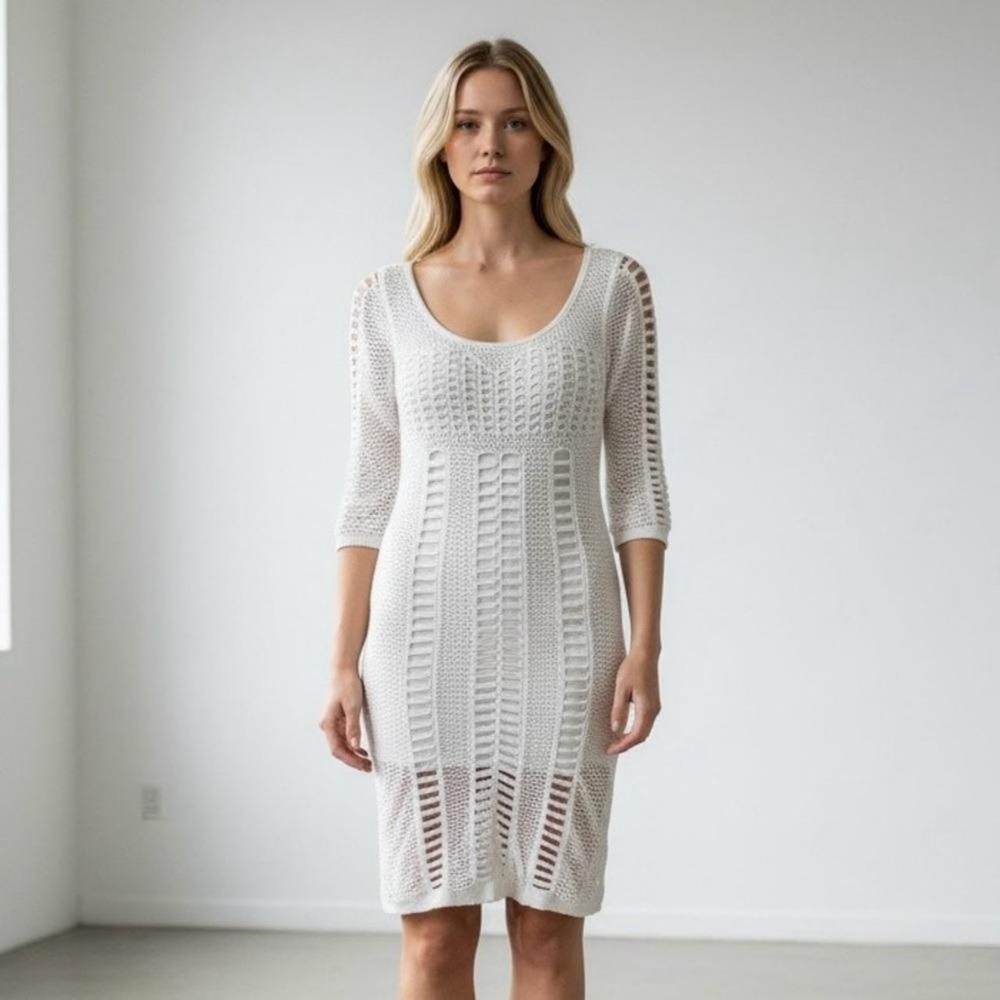 Bebe White Half Sleeve Fishnet Midi Bodycon Dress